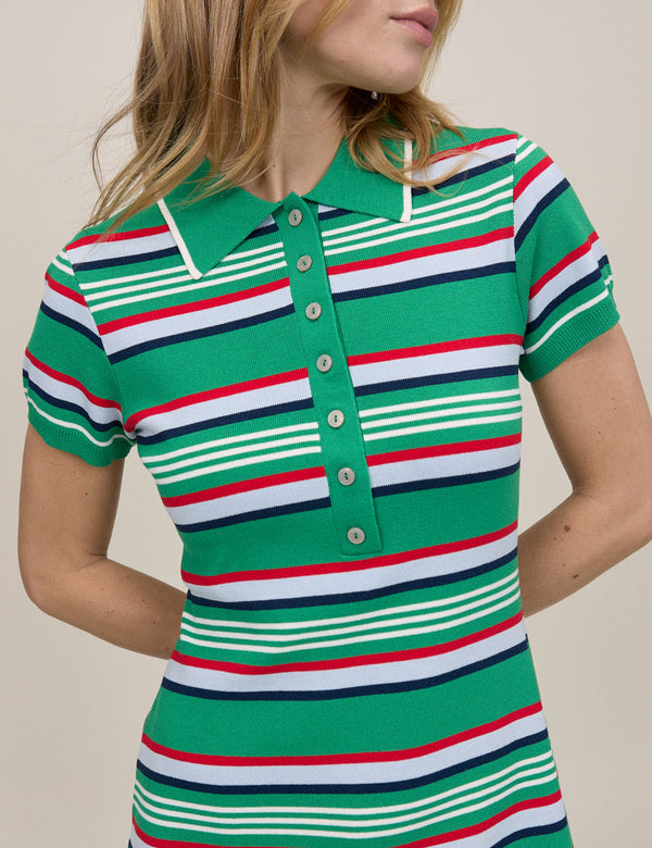 Green Striped Knitted Polo Dress