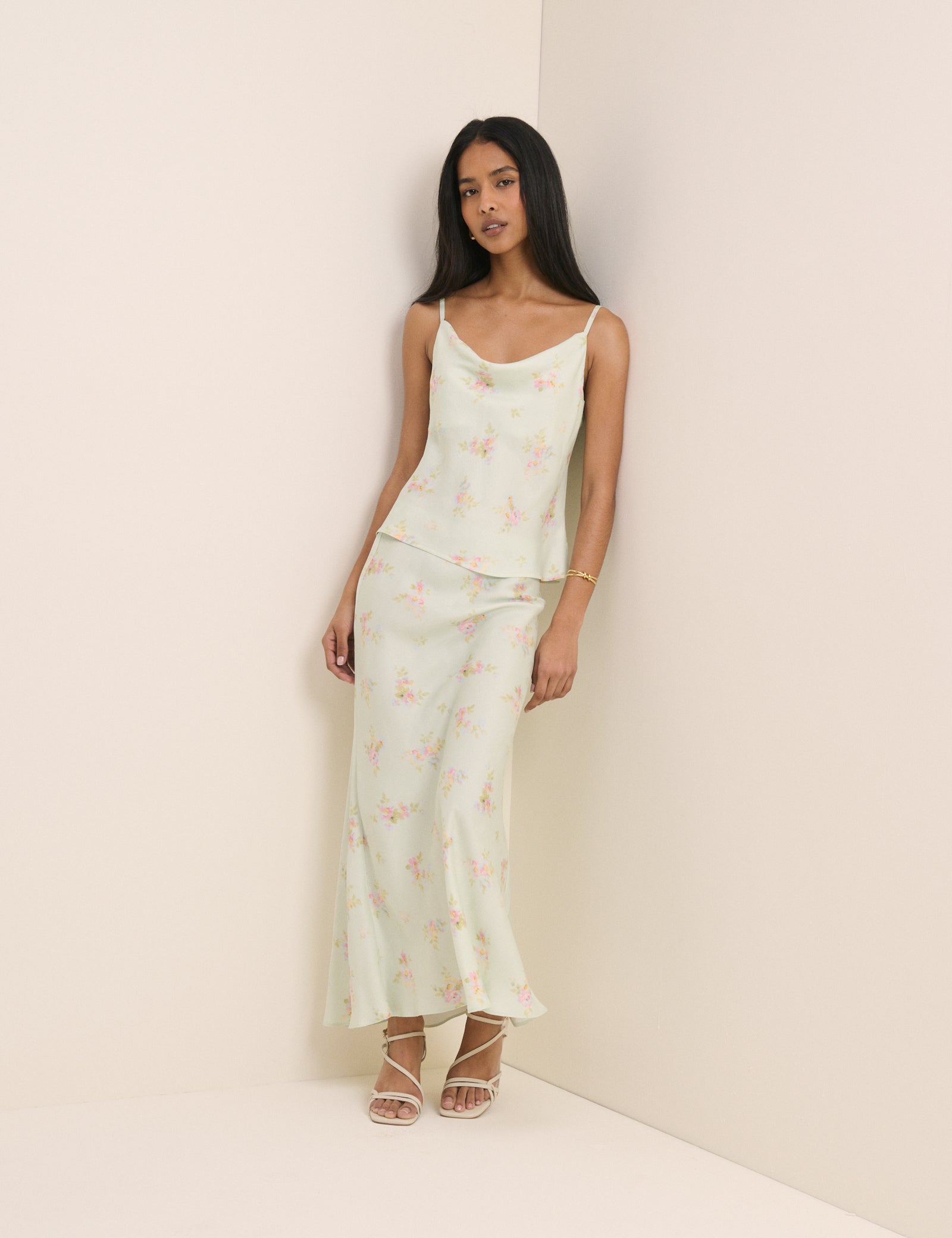 Mint Blue Floral Cowl Neck Satin Top