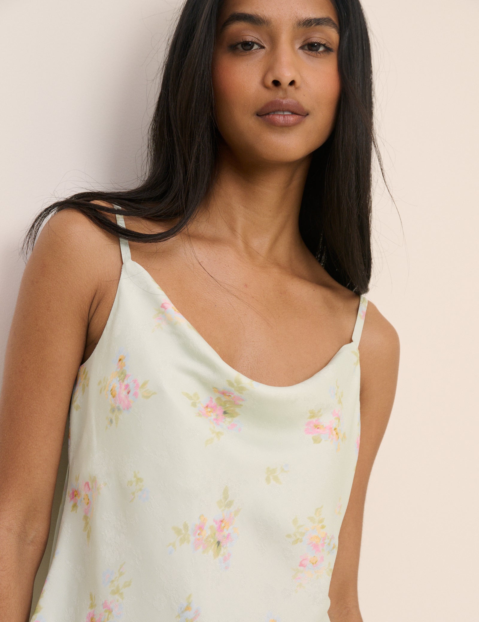 Mint Blue Floral Cowl Neck Satin Top