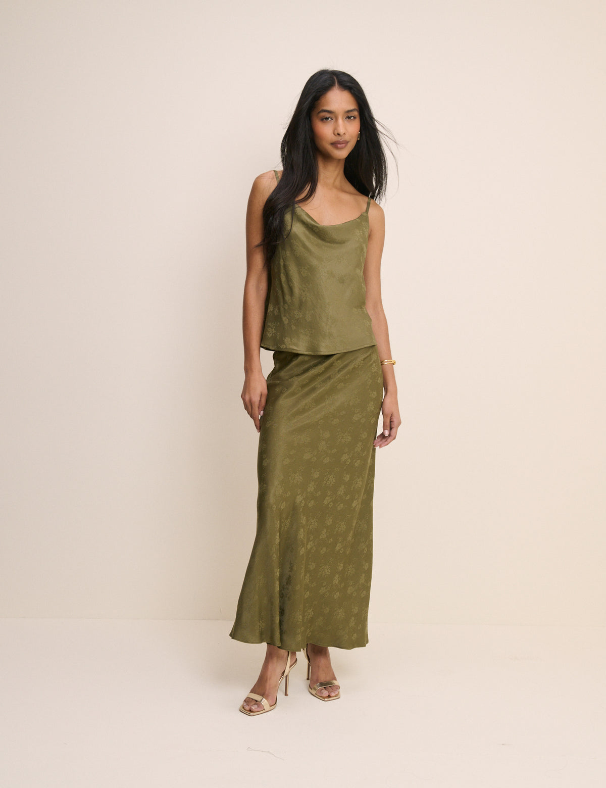 Khaki Jacquard Floral Cowl Neck Satin Top