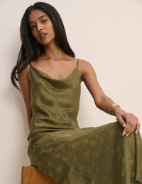 Khaki Jacquard Floral Cowl Neck Satin Top