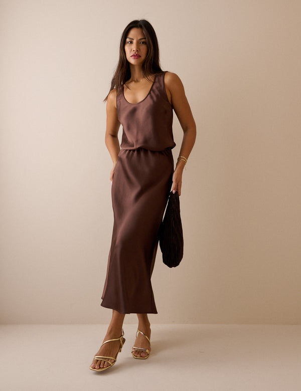 Brown scoop neck satin top with matching midi skirt
