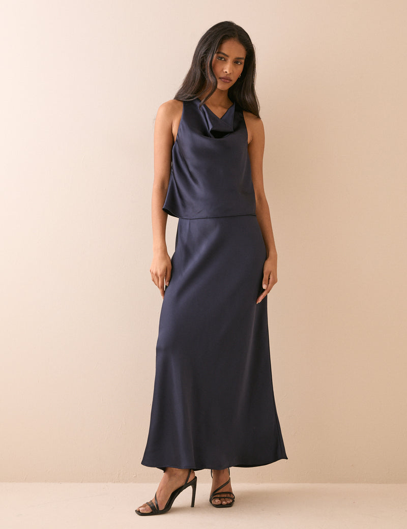 Navy Cowl Neck Satin Top