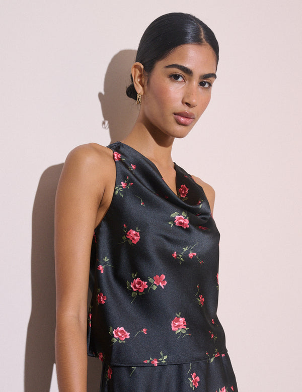 Black and pink floral cowl neck satin top