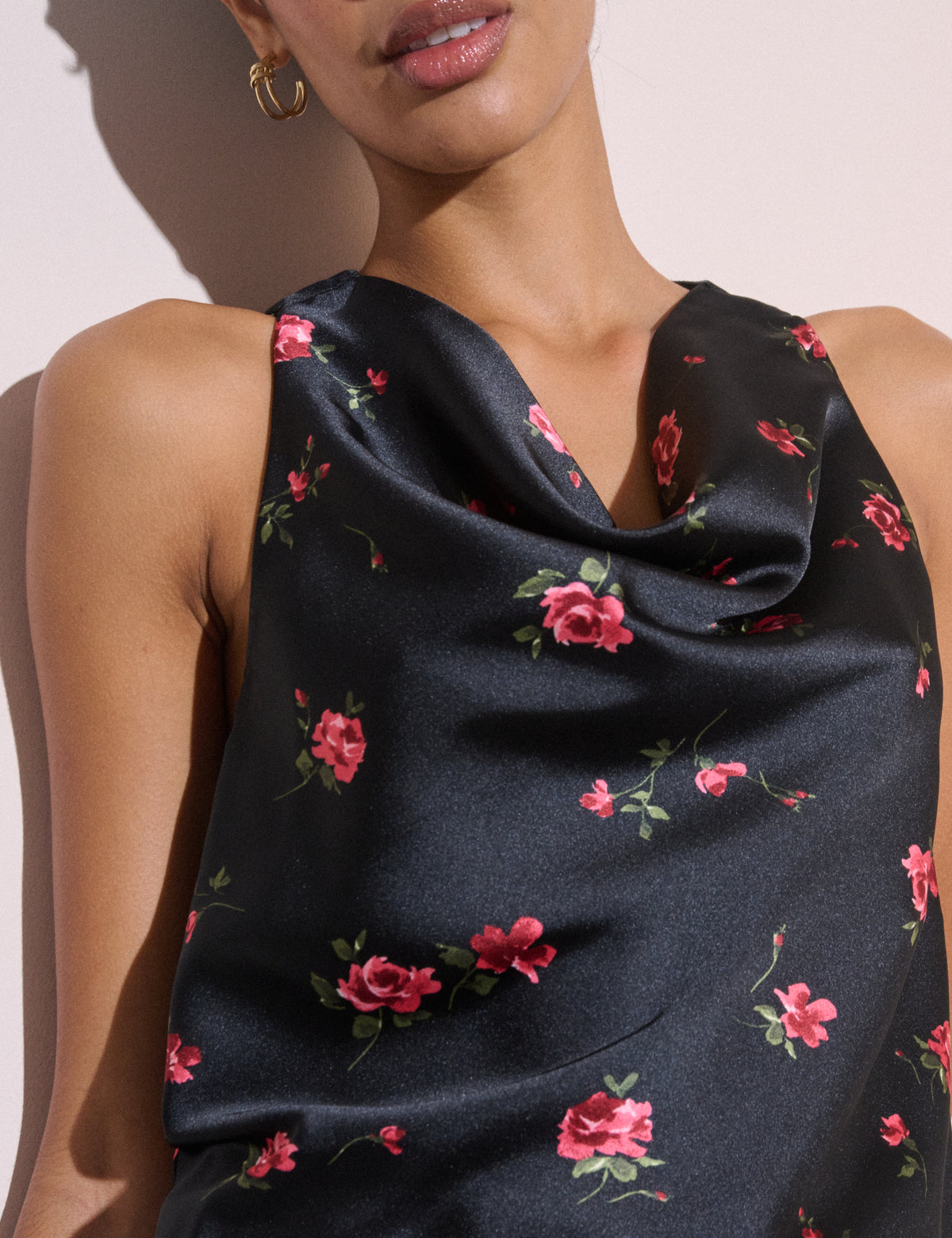 Black and Pink Floral Cowl Neck Satin Top