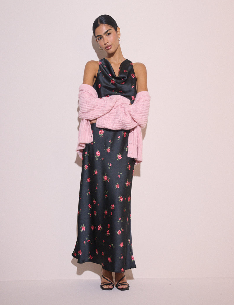 Black and Pink Floral Cowl Neck Satin Top