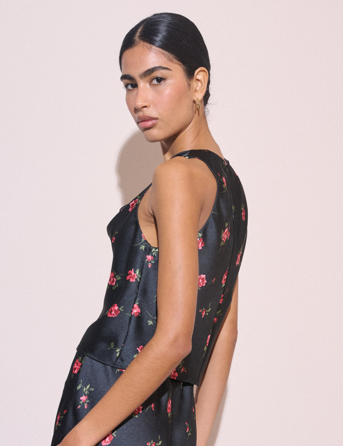Black and Pink Floral Cowl Neck Satin Top