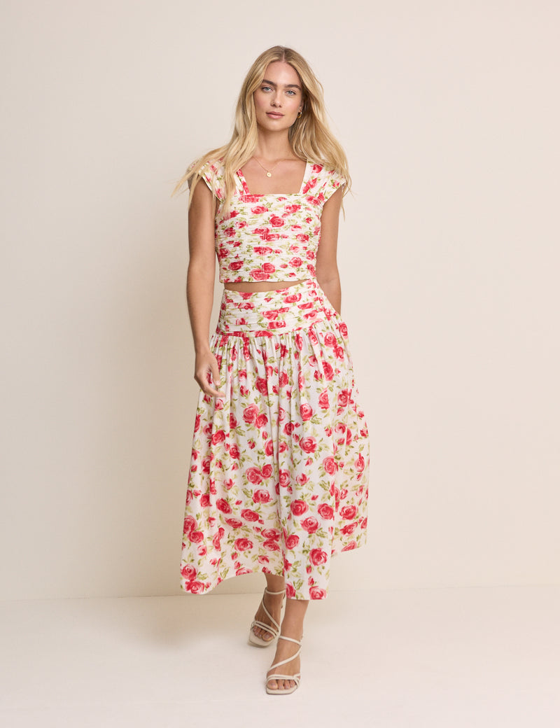 White and Red Floral Cropped Top