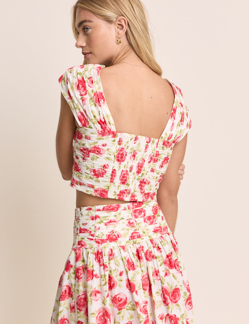 White and Red Floral Cropped Top