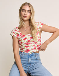 White and Red Floral Cropped Top