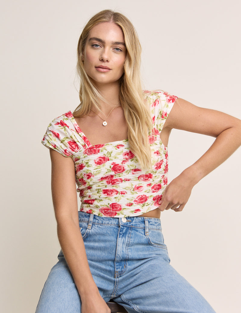 White and Red Floral Cropped Top