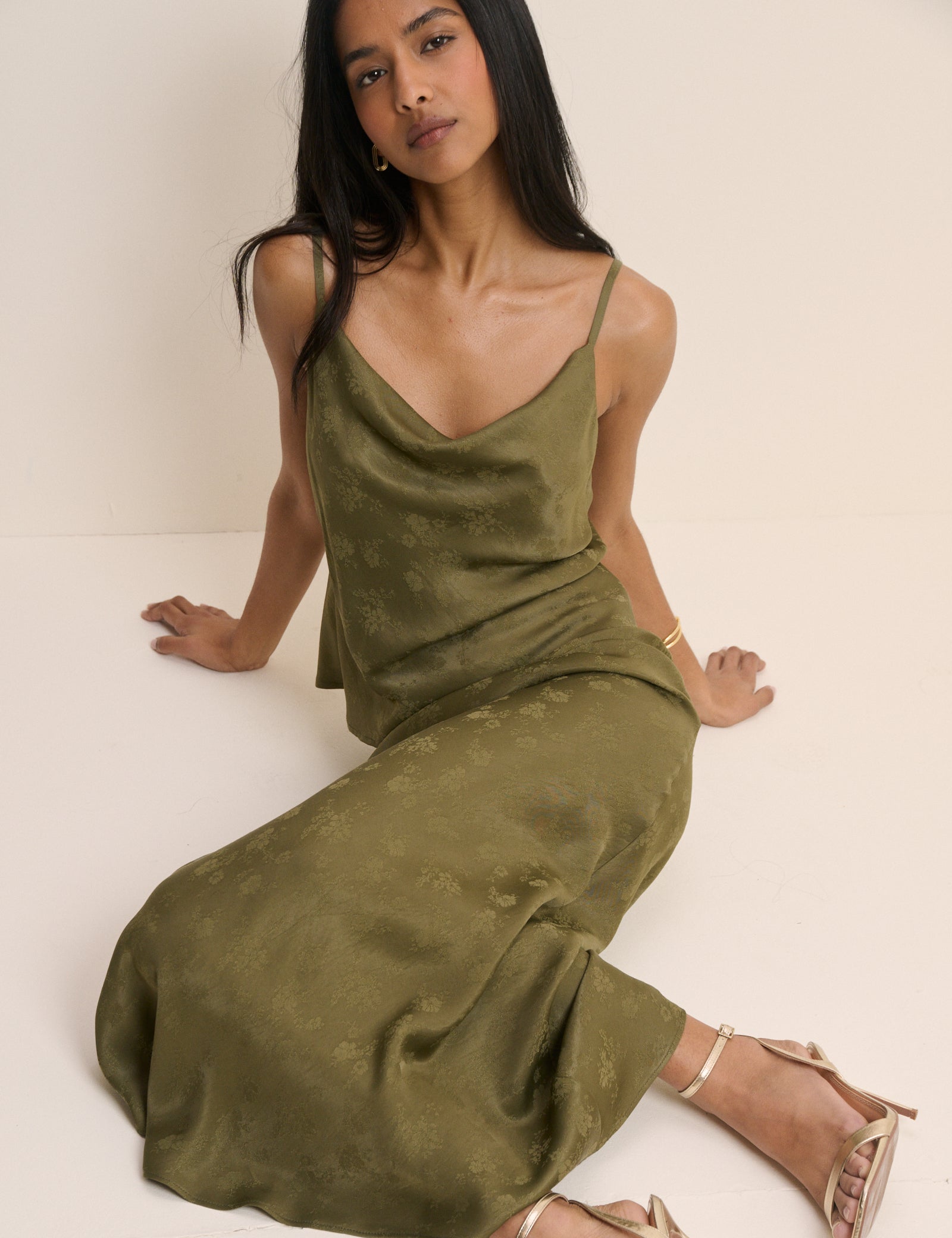 Khaki Jacquard Floral Satin Maxi Skirt