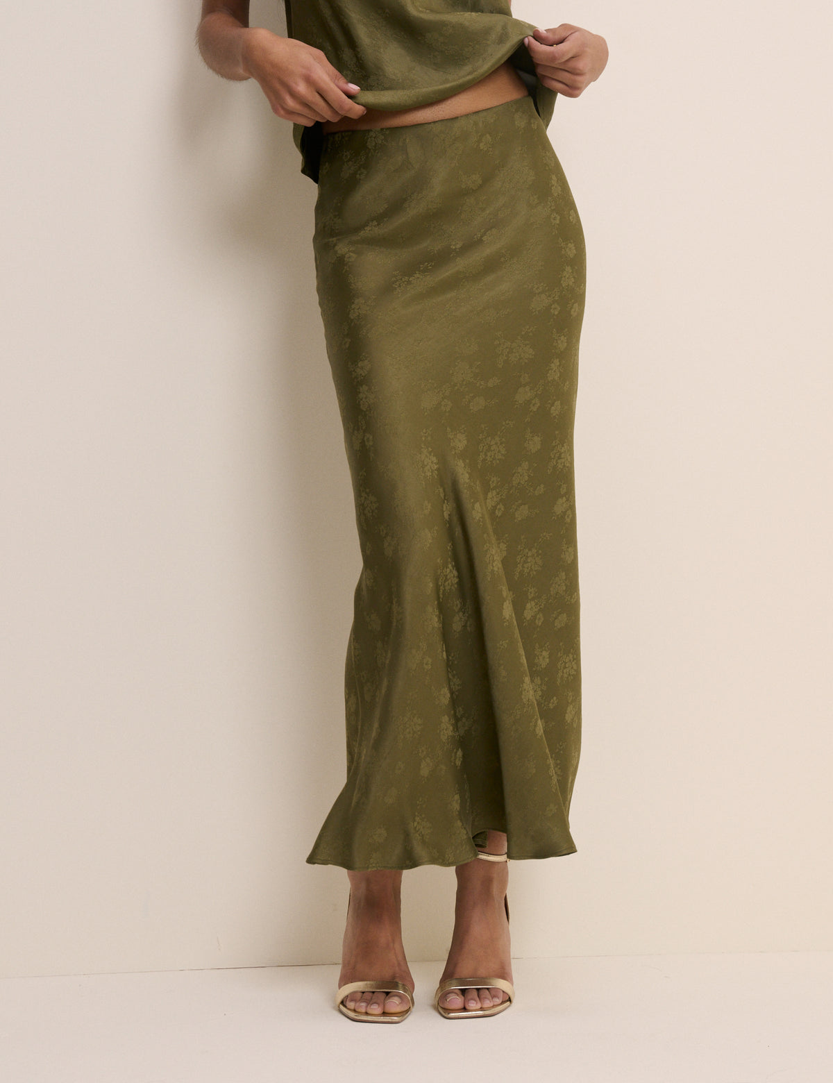 Khaki Jacquard Floral Satin Maxi Skirt