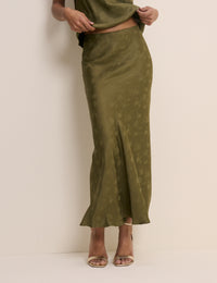 Khaki Jacquard Floral Satin Maxi Skirt