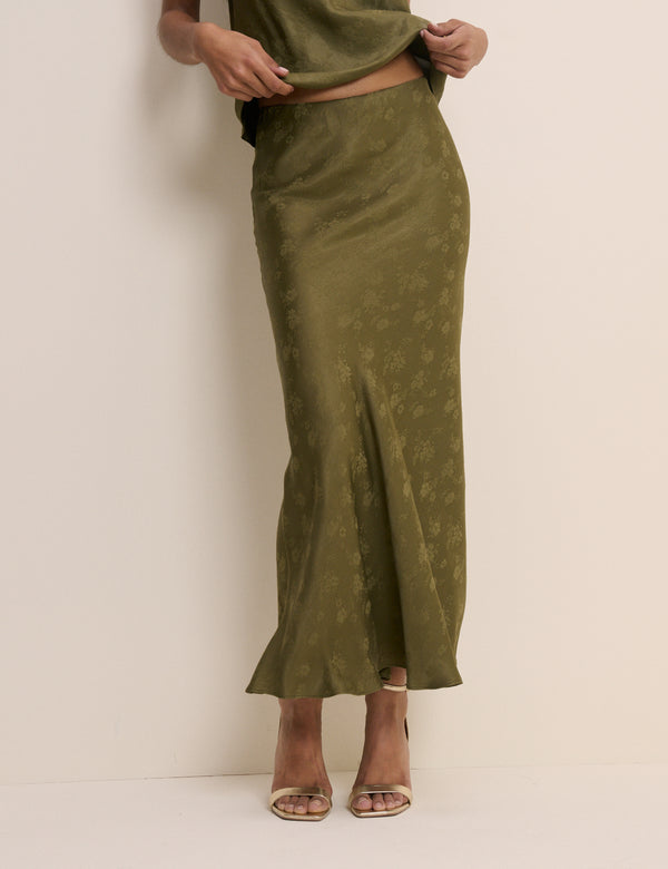 Khaki Jacquard Floral Satin Maxi Skirt