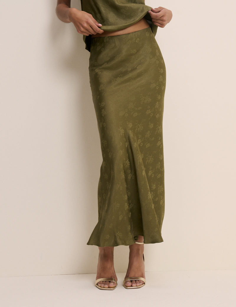 Khaki Jacquard Floral Satin Maxi Skirt
