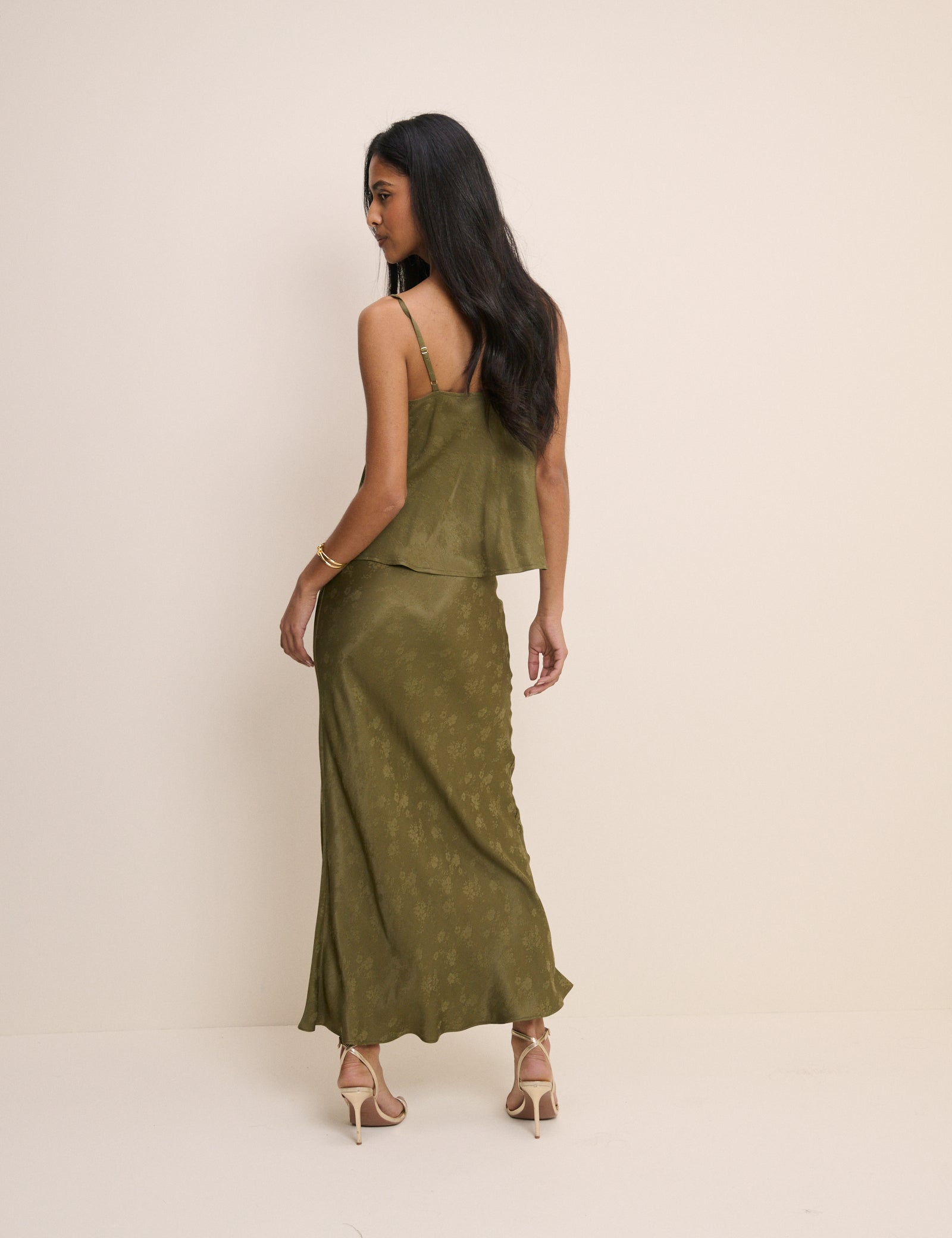 Khaki Jacquard Floral Satin Maxi Skirt