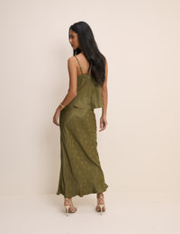 Khaki Jacquard Floral Satin Maxi Skirt