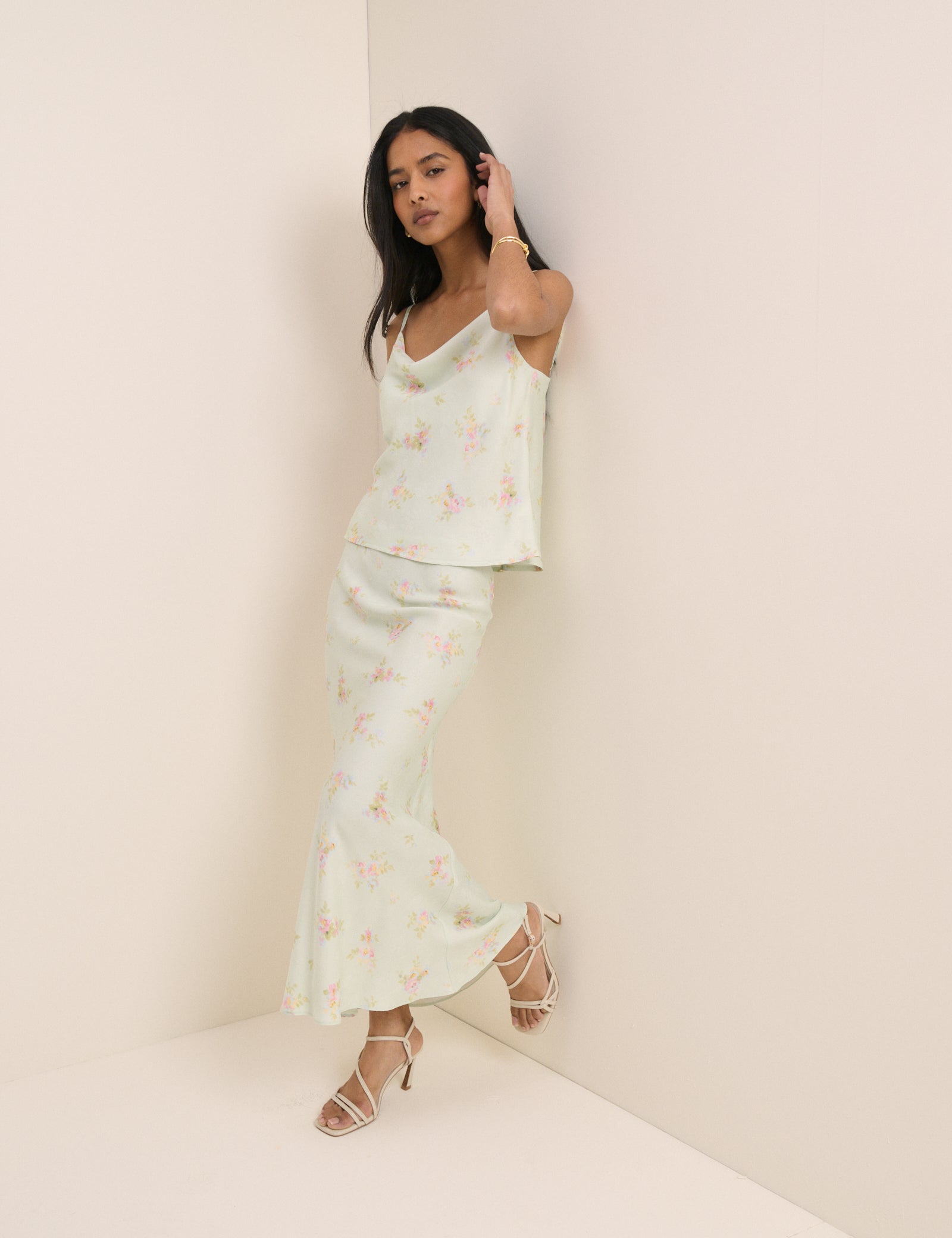 Mint Blue Floral Satin Maxi Skirt