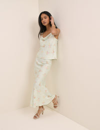 Mint Blue Floral Satin Maxi Skirt