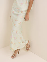 Mint Blue Floral Satin Maxi Skirt