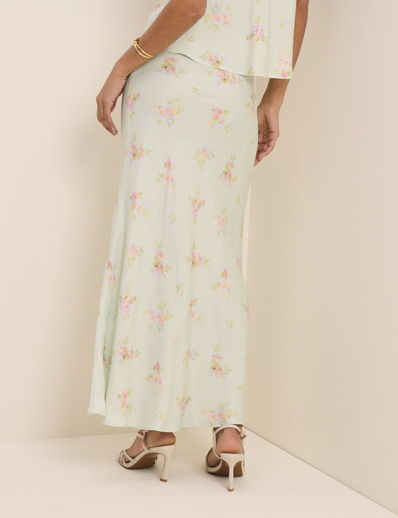 Mint Blue Floral Satin Maxi Skirt