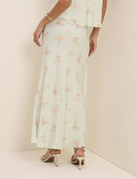 Mint Blue Floral Satin Maxi Skirt