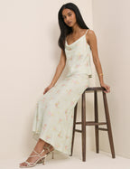 Mint Blue Floral Satin Maxi Skirt
