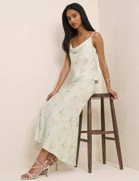 Mint Blue Floral Satin Maxi Skirt
