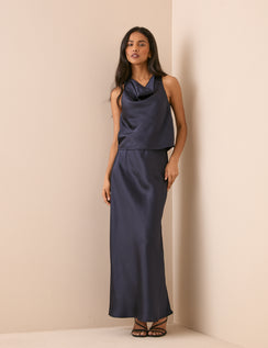 Navy Satin Slip Maxi Skirt