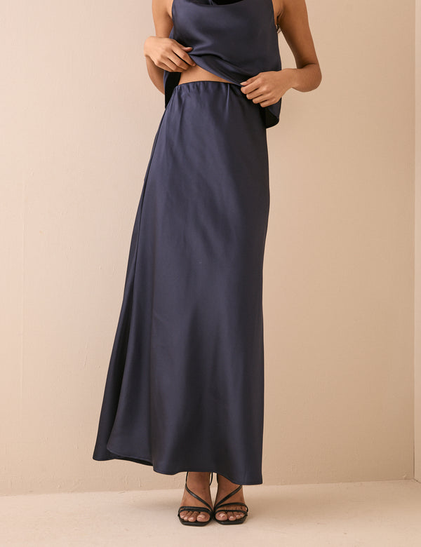 Navy Satin Slip Maxi Skirt