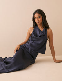 Navy Satin Slip Maxi Skirt