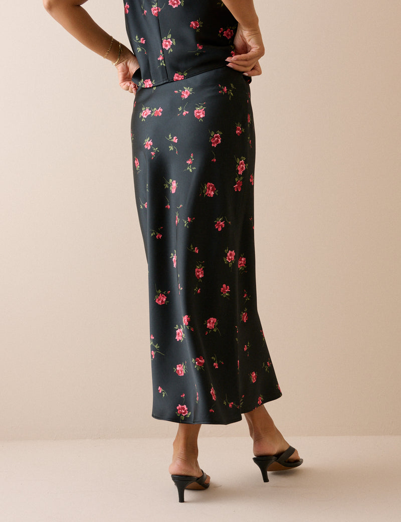 Black Floral Satin Slip Maxi Skirt