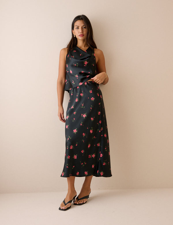 Black Floral Satin Slip Maxi Skirt