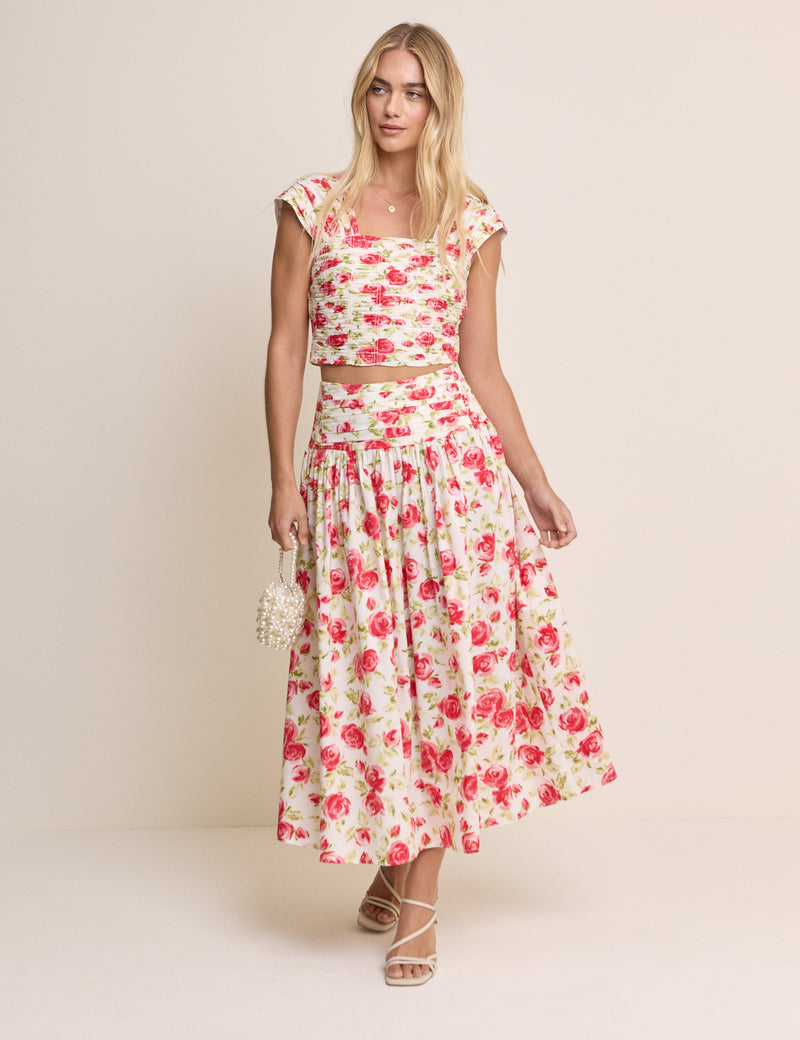 White and Red Floral Pleated Midi Skirt