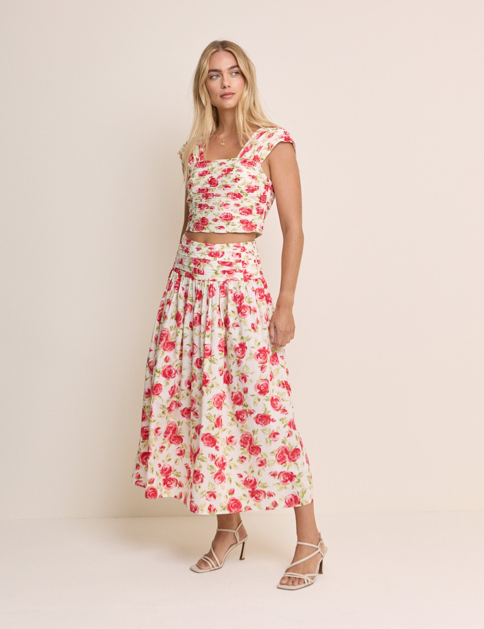 White and Red Floral Pleated Midi Skirt