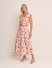 White and Red Floral Pleated Midi Skirt