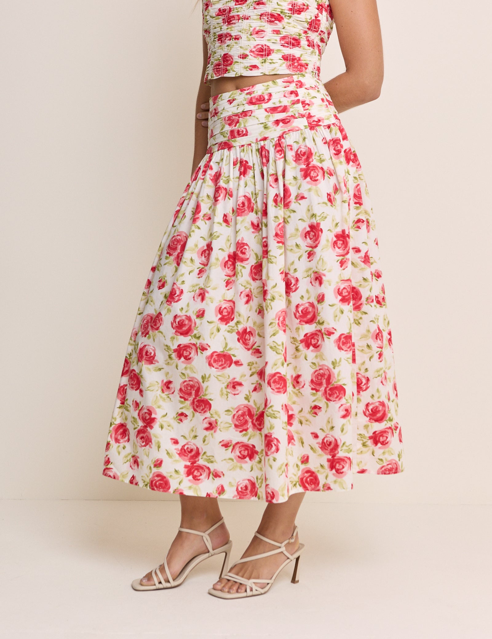 White and Red Floral Pleated Midi Skirt