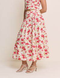White and Red Floral Pleated Midi Skirt