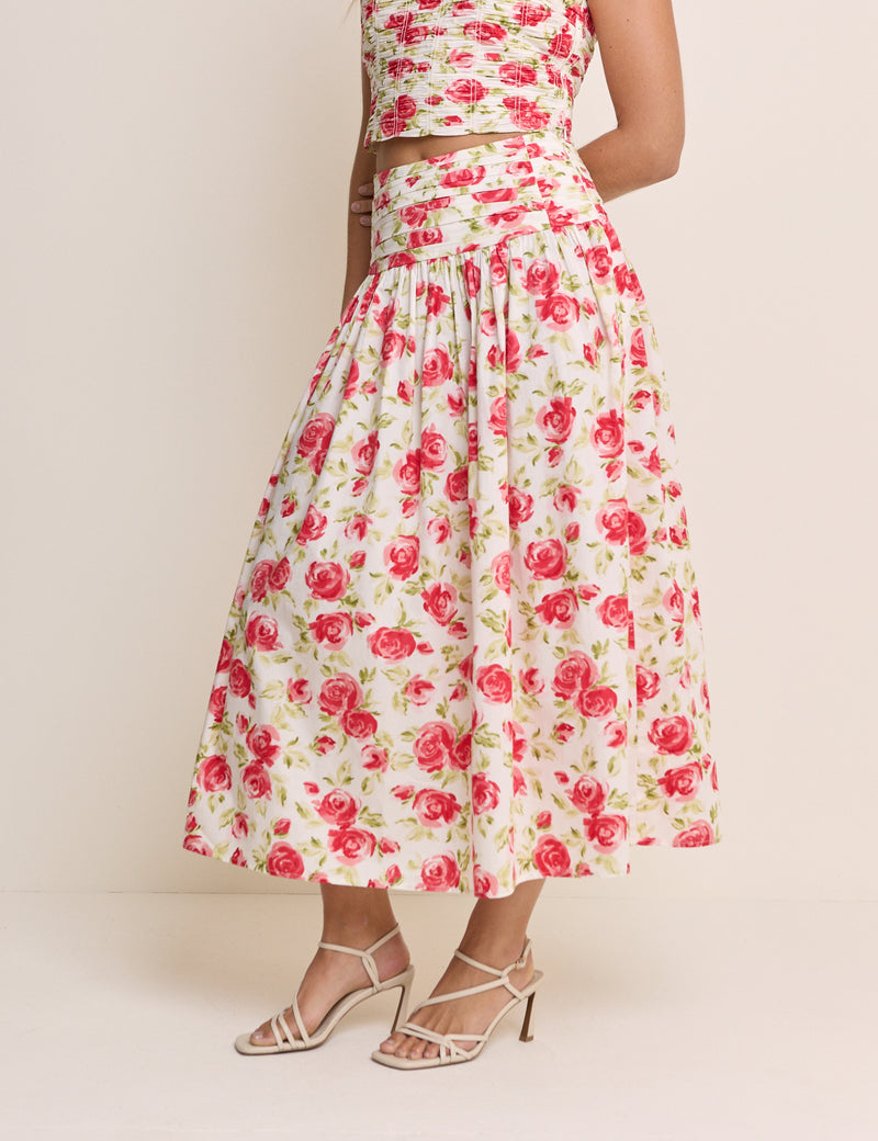 White and Red Floral Pleated Midi Skirt