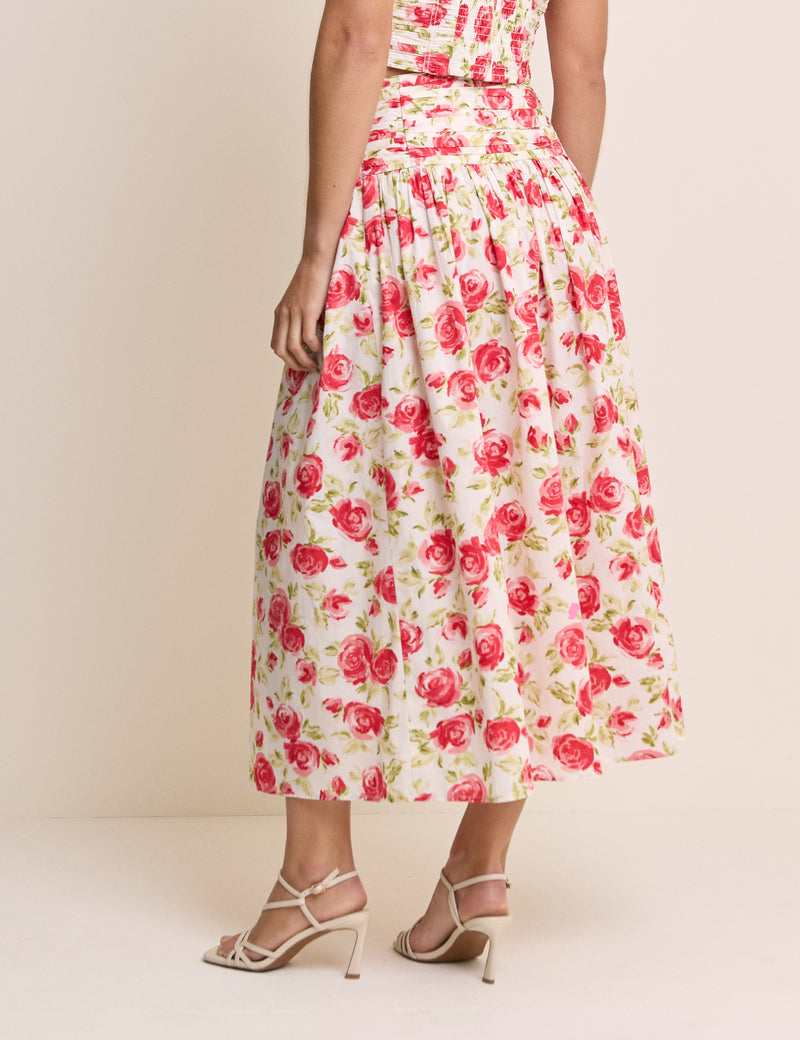 White and Red Floral Pleated Midi Skirt