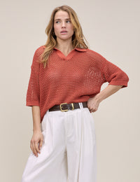 Orange Open Collar Polo Knitted Top