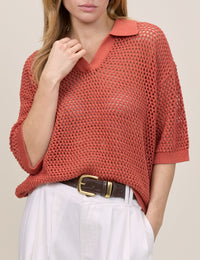 Orange Open Collar Polo Knitted Top