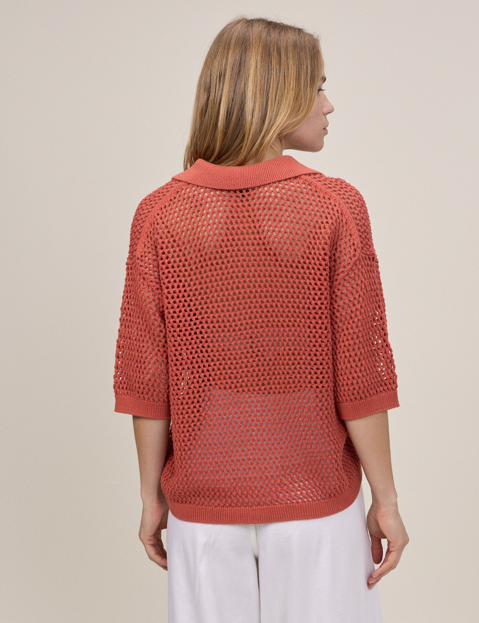 Orange Open Collar Polo Knitted Top