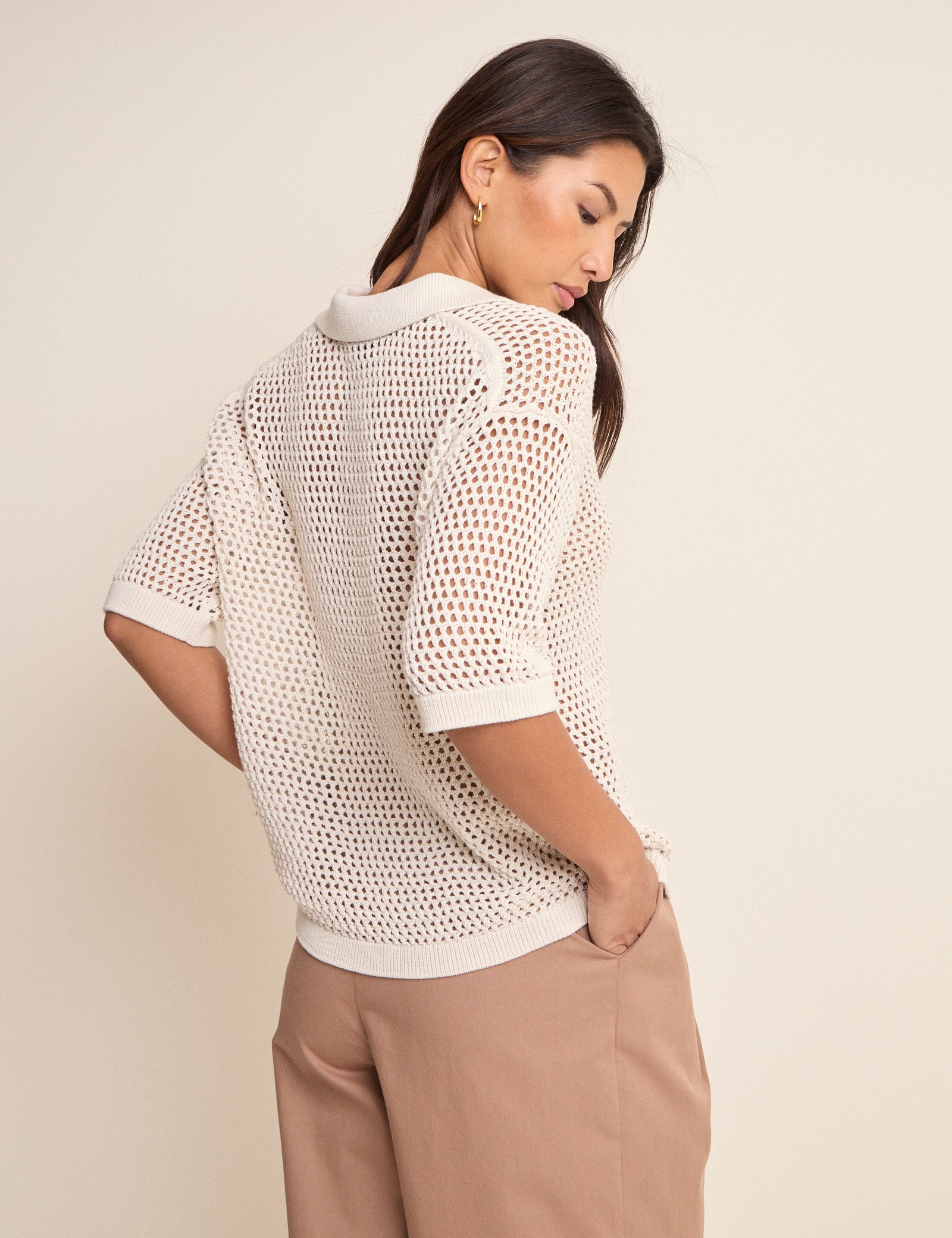 White Open Collar Polo Knitted Top