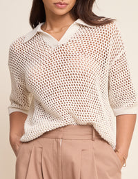 White Open Collar Polo Knitted Top