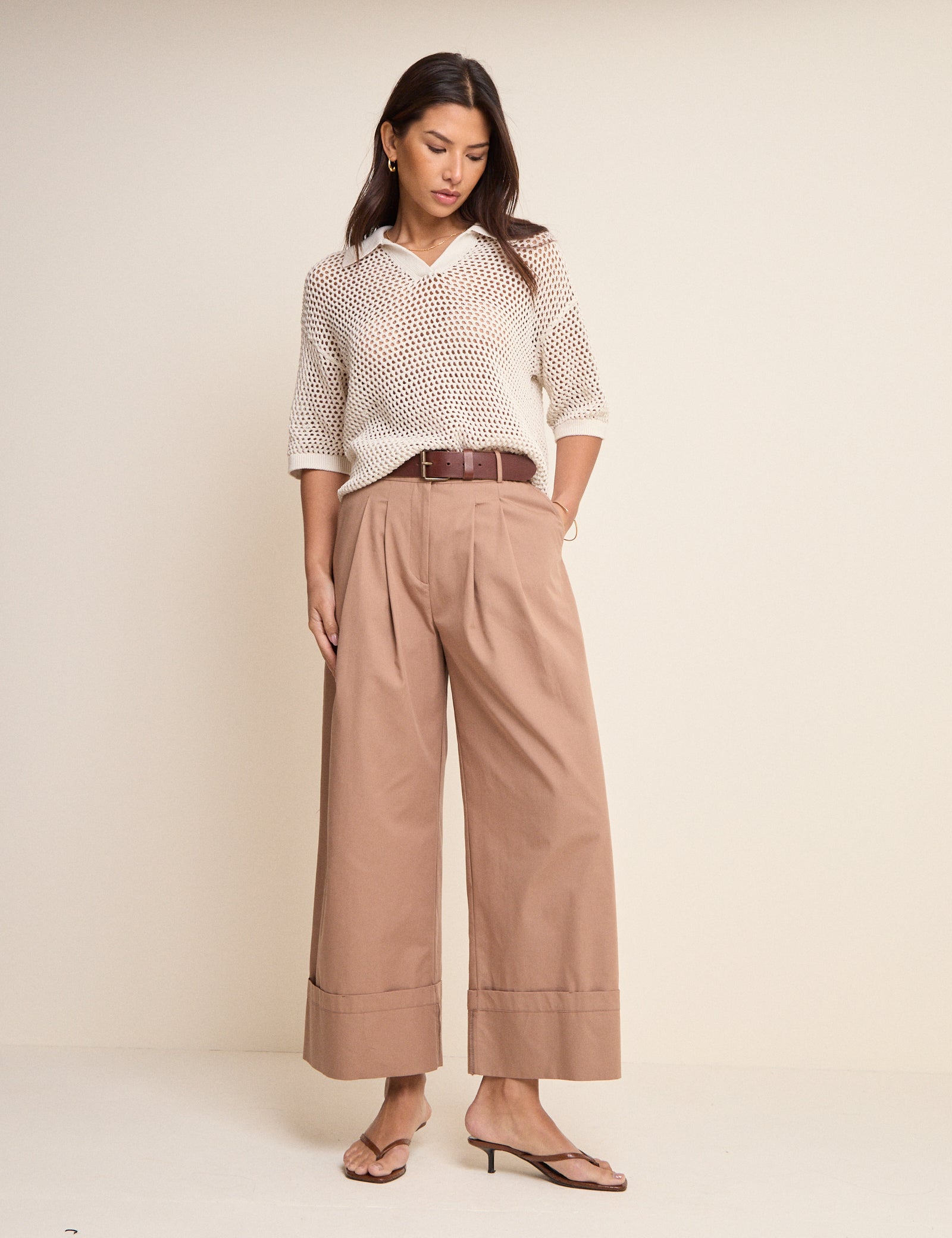 White Open Collar Polo Knitted Top