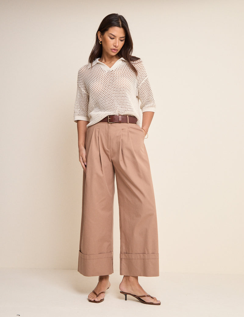 White Open Collar Polo Knitted Top