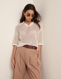 White Open Collar Polo Knitted Top