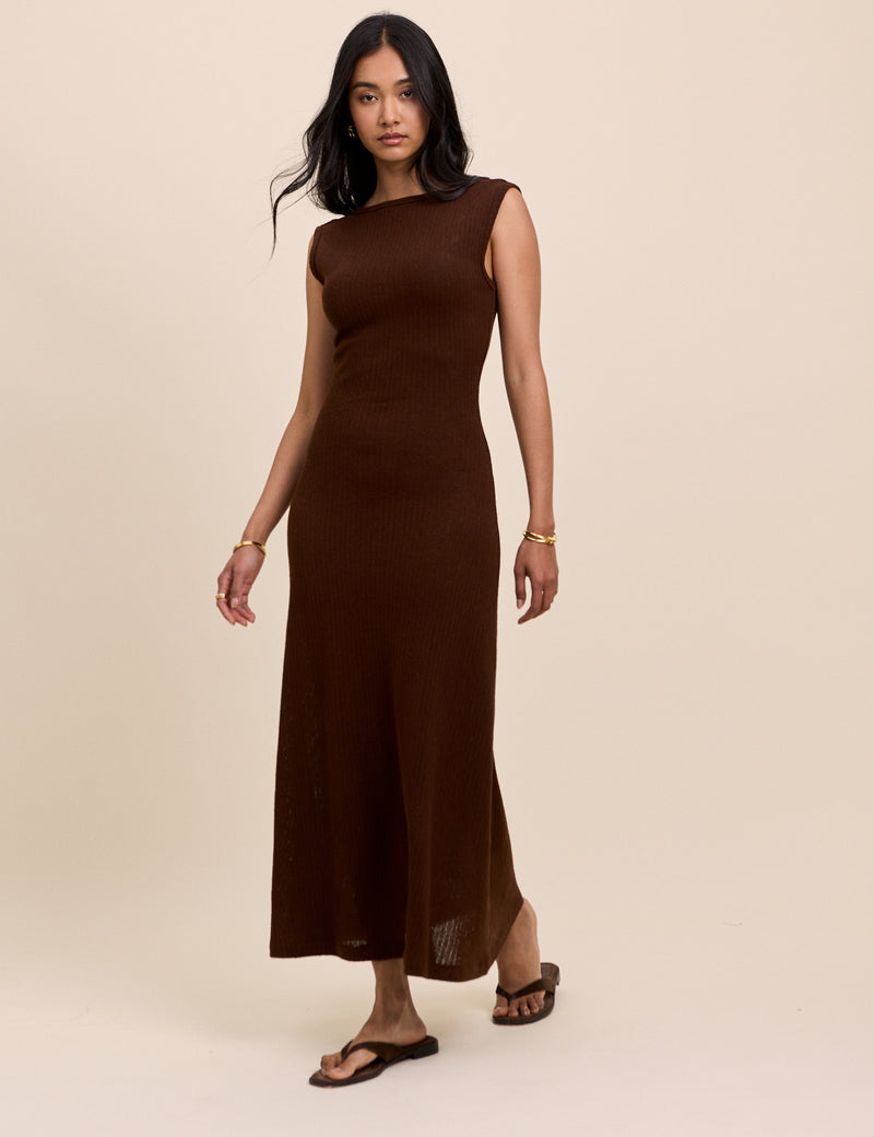Brown Boat Neck Colbie Maxi Dress